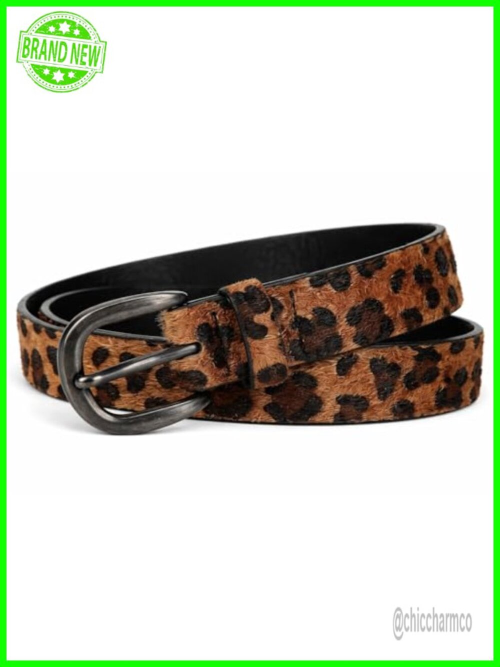 Faux Leather Leopard Print Belt Glossy Black Buckle Skinny Waist Belt for Jeans
